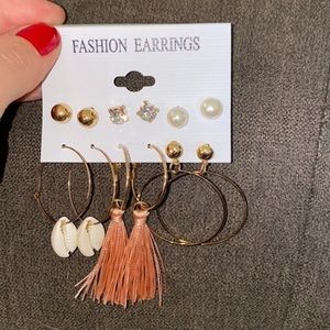 3 Pairs of hoops - shells, tassels, and medium sized classic hoops